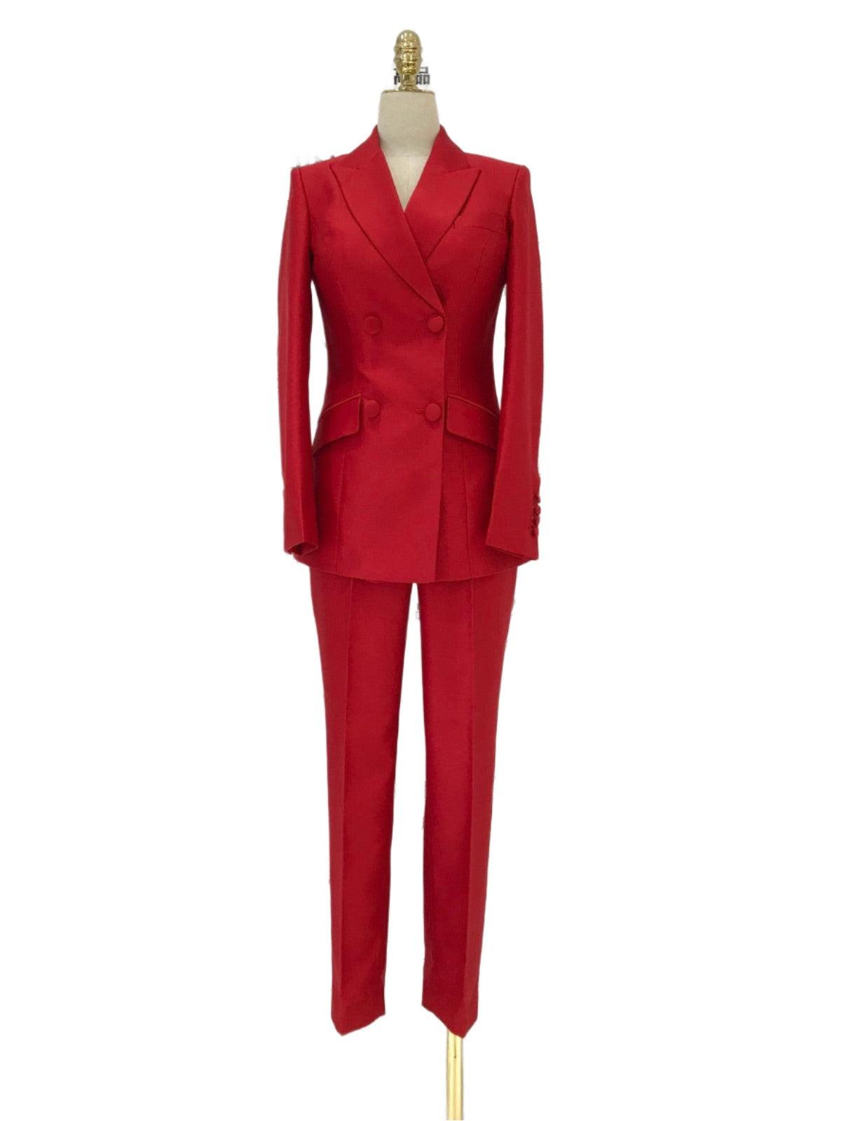 Red 2-Piece Double-Breasted Suit - Women Pant Suit - Pantsuit - Guocali