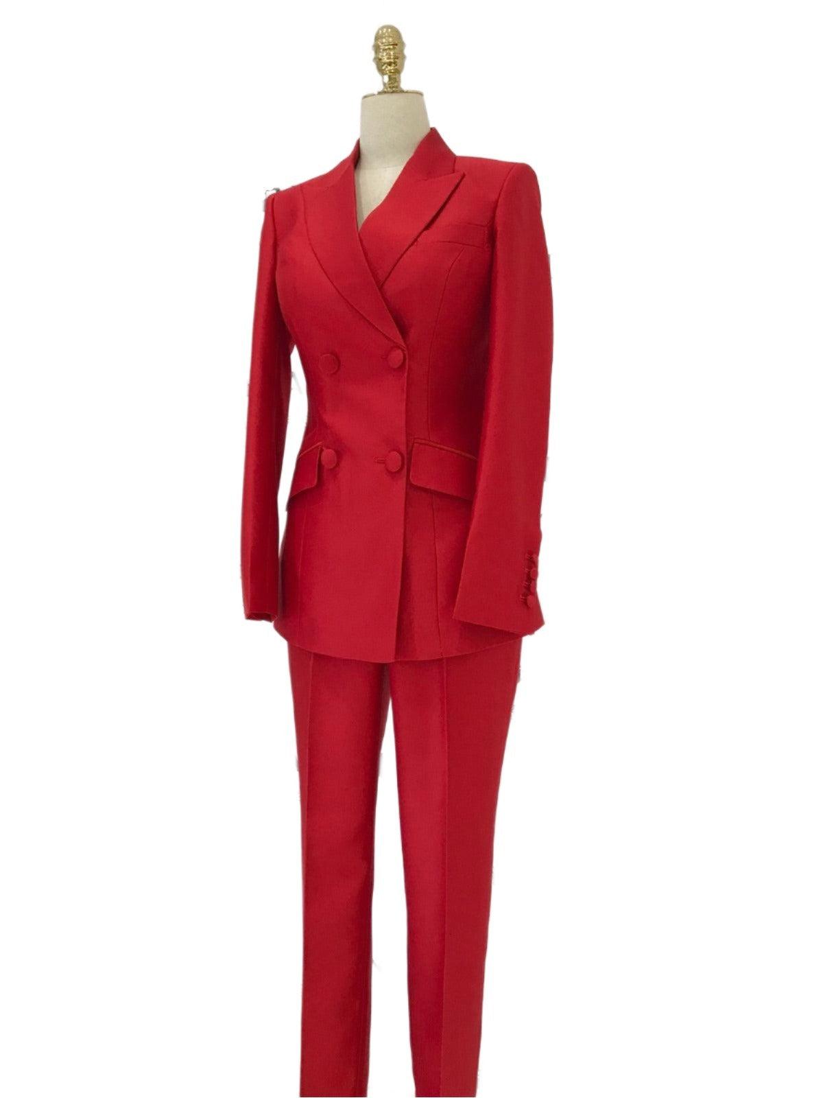 Red 2-Piece Double-Breasted Suit - Women Pant Suit - Pantsuit - Guocali