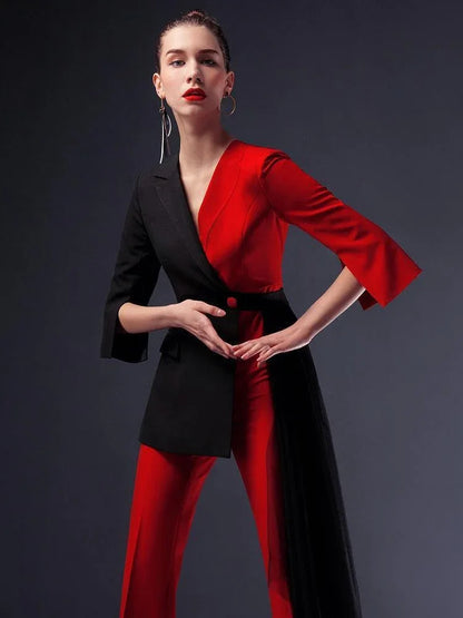 Red-Black Pantsuit With Detachable Veil - Women Trouser Suits - Trouser Suit -Guocali