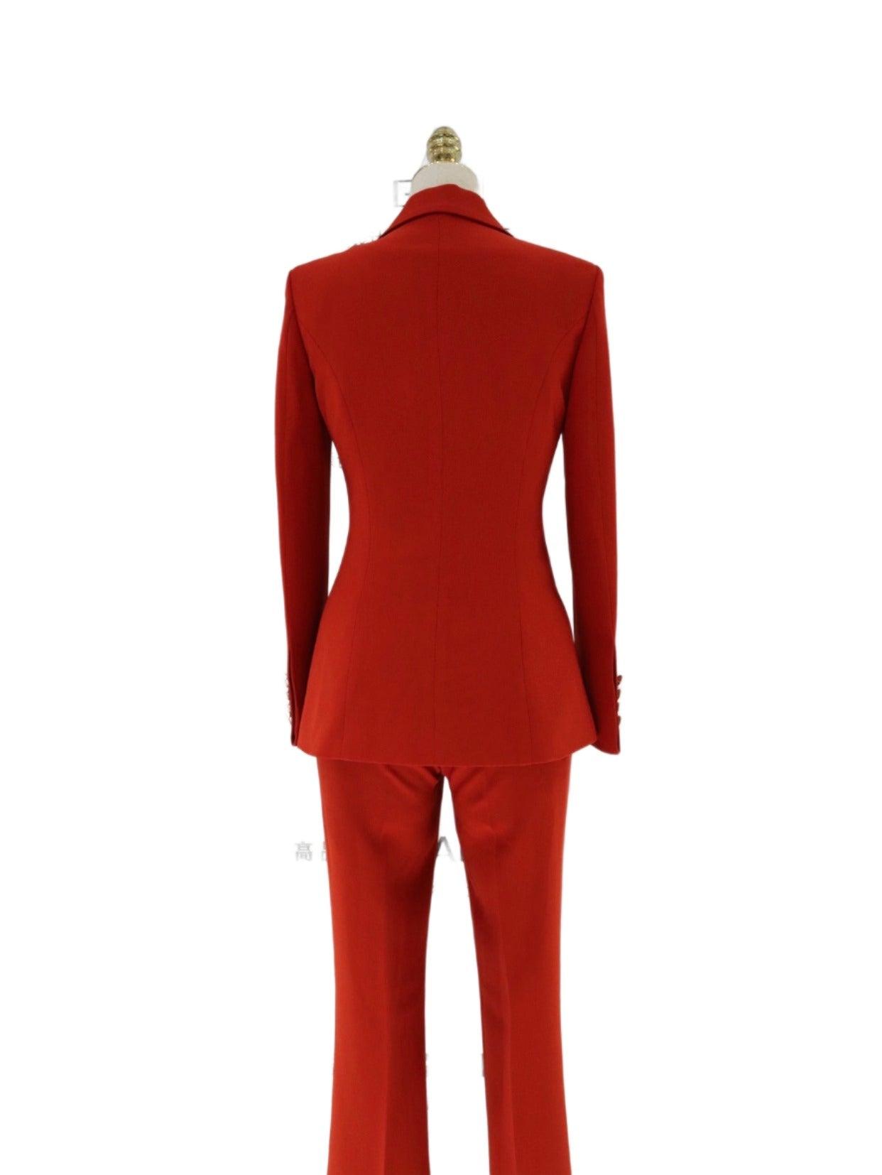 Red Double-Breasted Trouser Suit - Women Flared Pants Suit - Pantsuit - Guocali