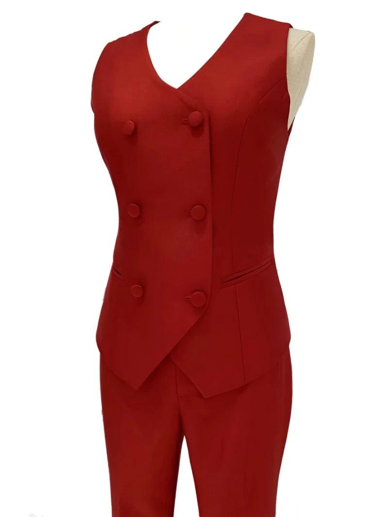 Red Three-piece Trouser Suit - Slim Fit Women Suit - Pantsuit - Guocali