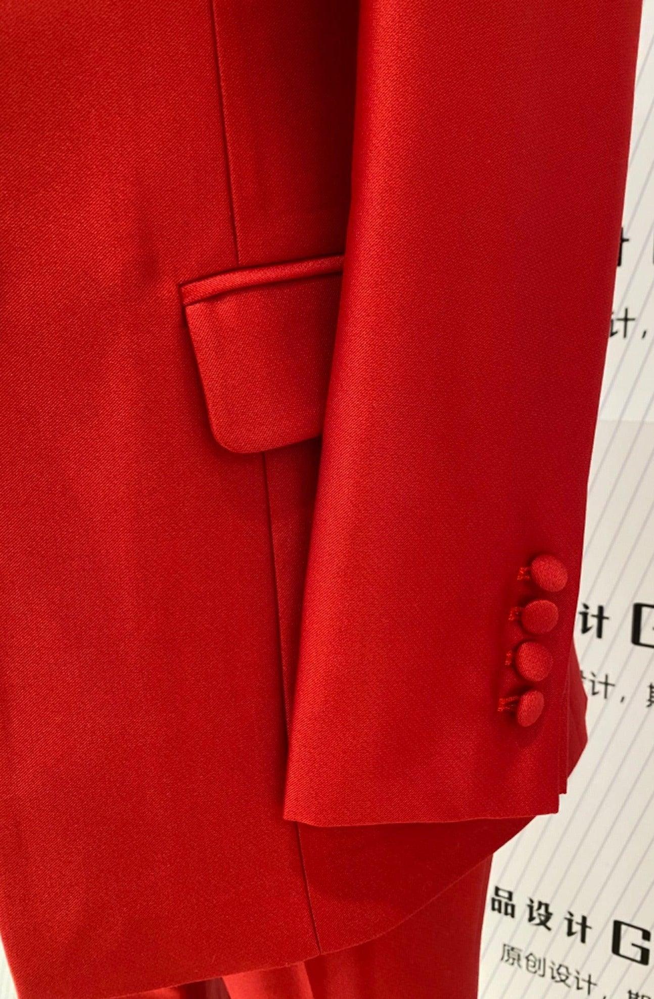 Red Three-piece Trouser Suit - Slim Fit Women Suit - Pantsuit - Guocali