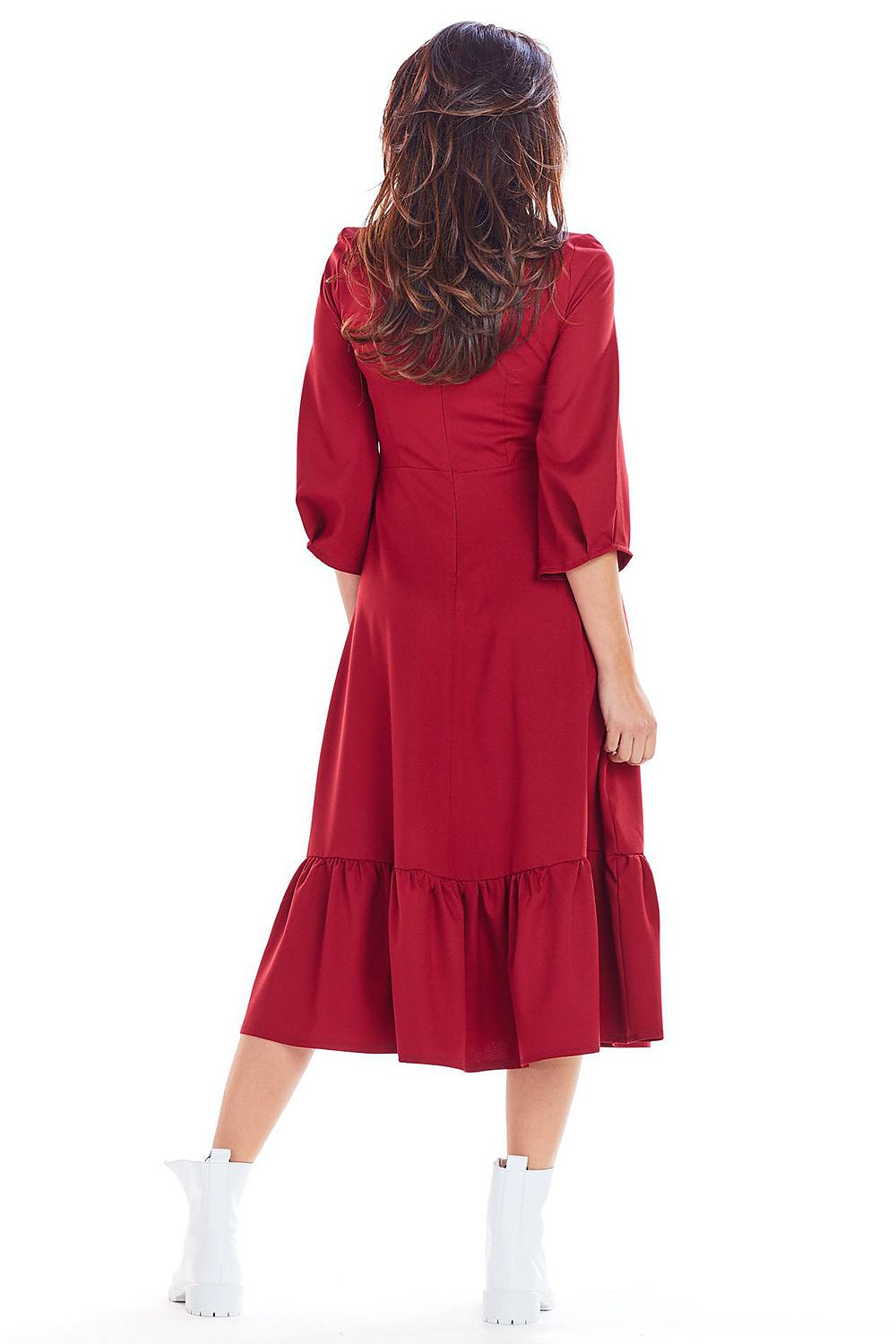 romantic solid round neck long sleeves midi day dress – Daydress | GUOCALI – view 3
