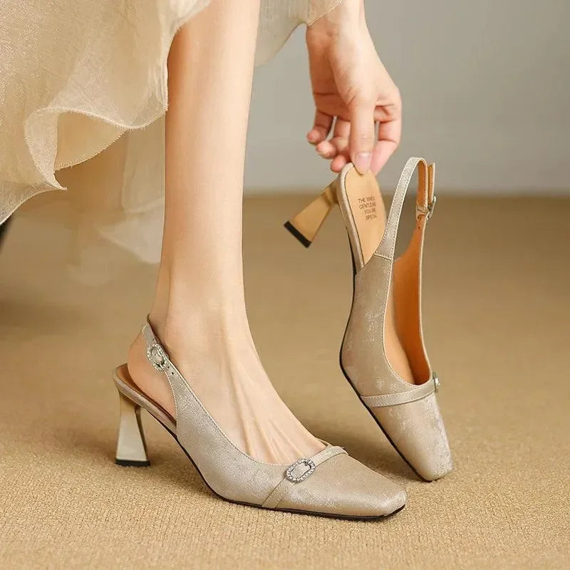 Sandals Women Sandals Leather Slingback Heels -Guocali