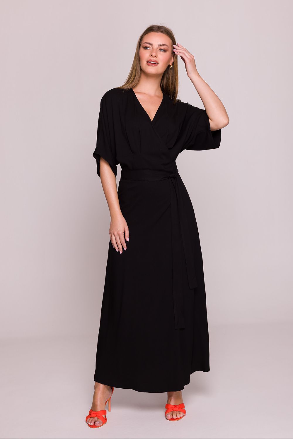 Satin Maxi Dress – V-Neck, Relaxed Cut, Tie Waist – Daydress | GUOCALI – view 7