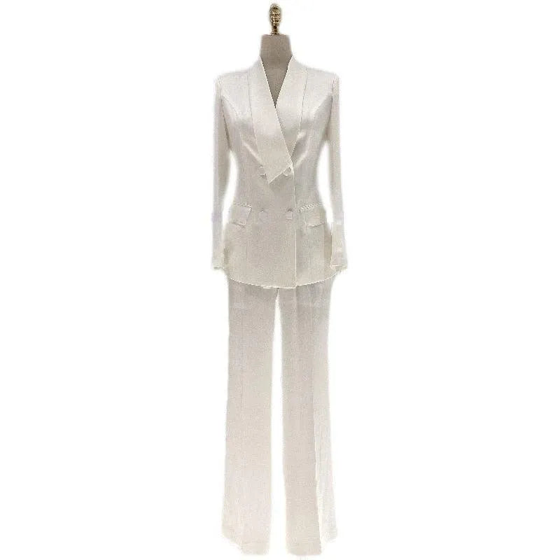 Satin Wide-Leg Double Breasted Pantsuit - Women Trouser Suits - Trouser Suit -Guocali
