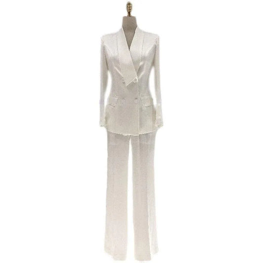 Satin Wide-Leg Double Breasted Pantsuit - Women Trouser Suits - Trouser Suit -Guocali
