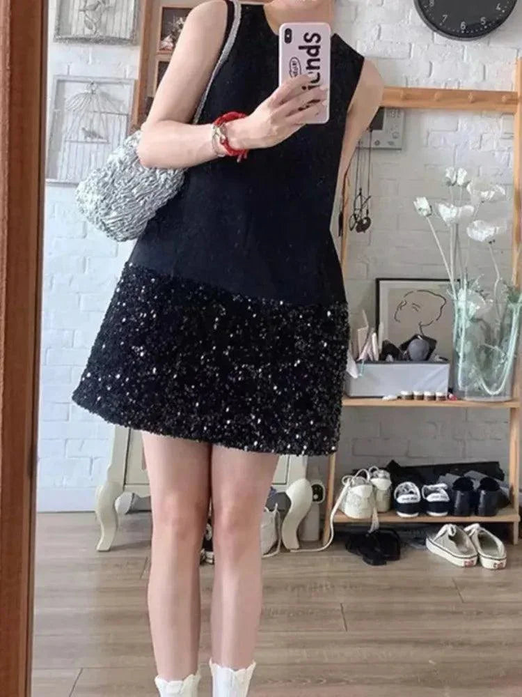 Sequin Bow Sleeveless A-Line Party Dress -Guocali