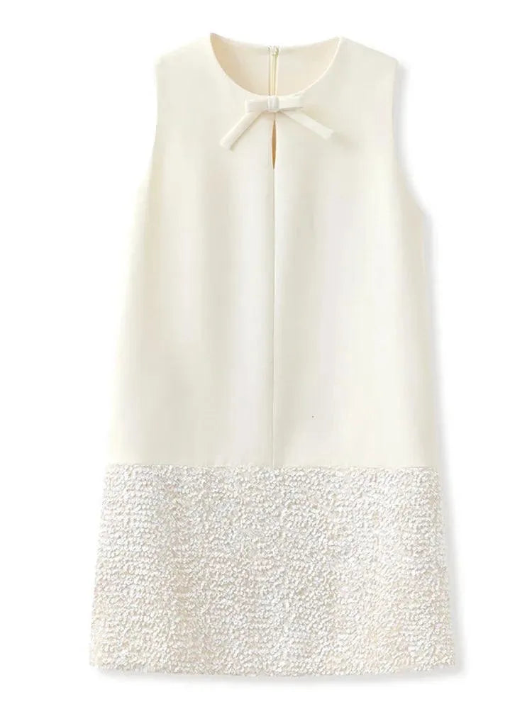 Sequin Bow Sleeveless A-Line Party Dress -Guocali