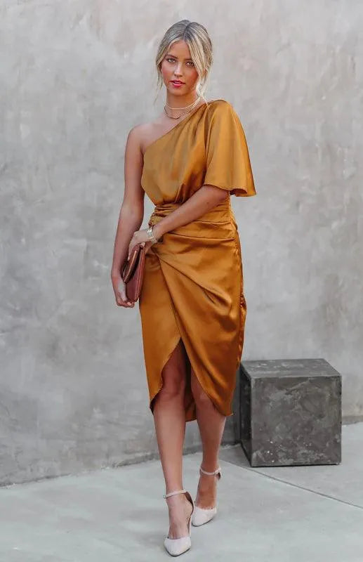 Sexy One Sleeve Irregular Pleated Party Dress -Guocali