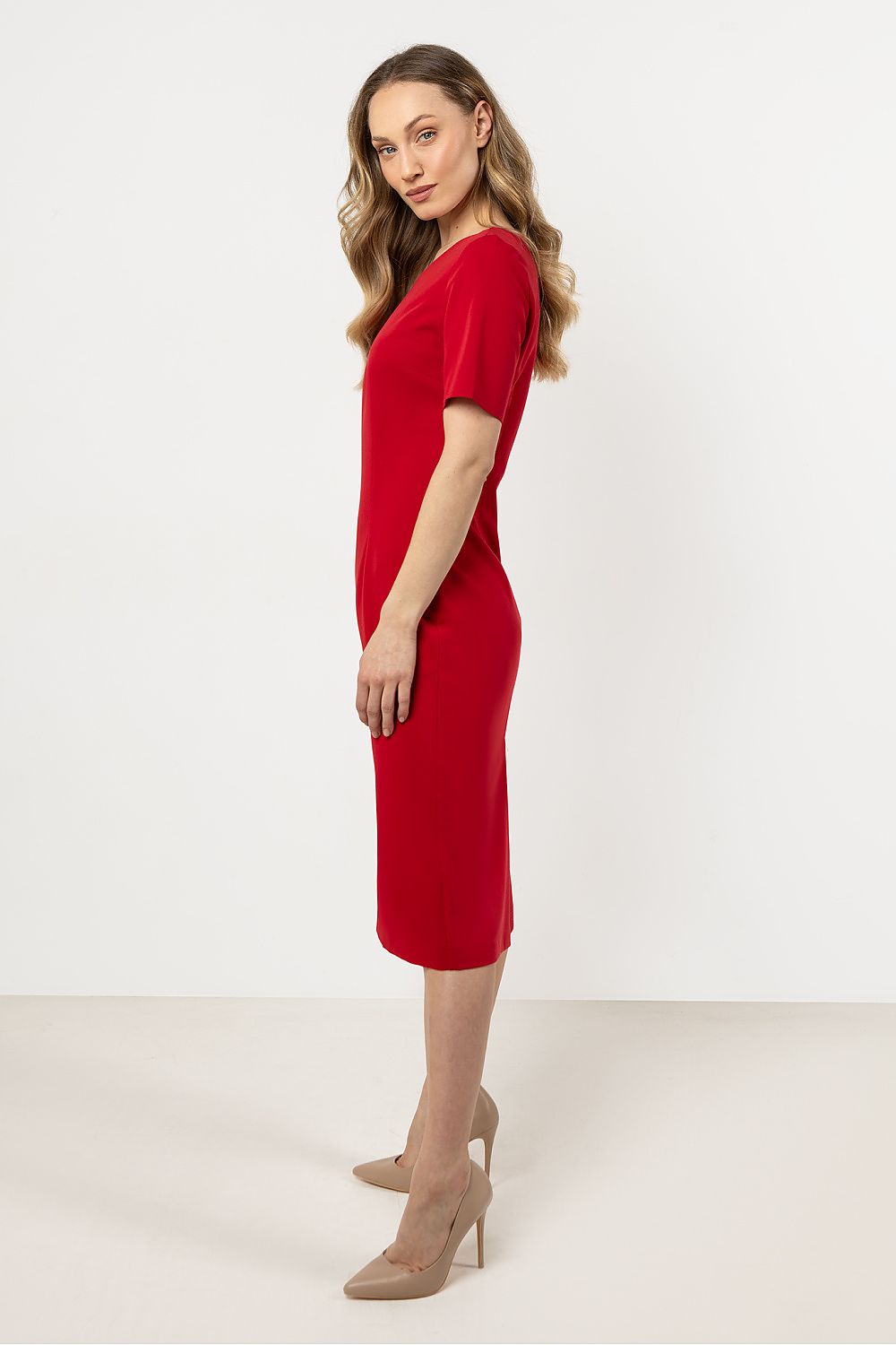 Short Sleeve Midi Dress – Boat Neck, Fitted Cut – Daydress | GUOCALI – view 2