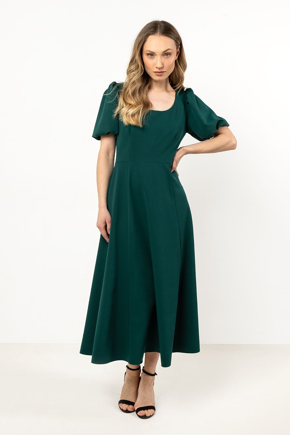Short Sleeve Midi Dress – Deep Neck, Fit-and-Flare, Flared Skirt – Daydress | GUOCALI