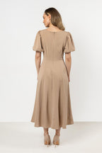 Short Sleeve Midi Dress – Deep Neck, Fit-and-Flare, Flared Skirt – Daydress | GUOCALI – view 11