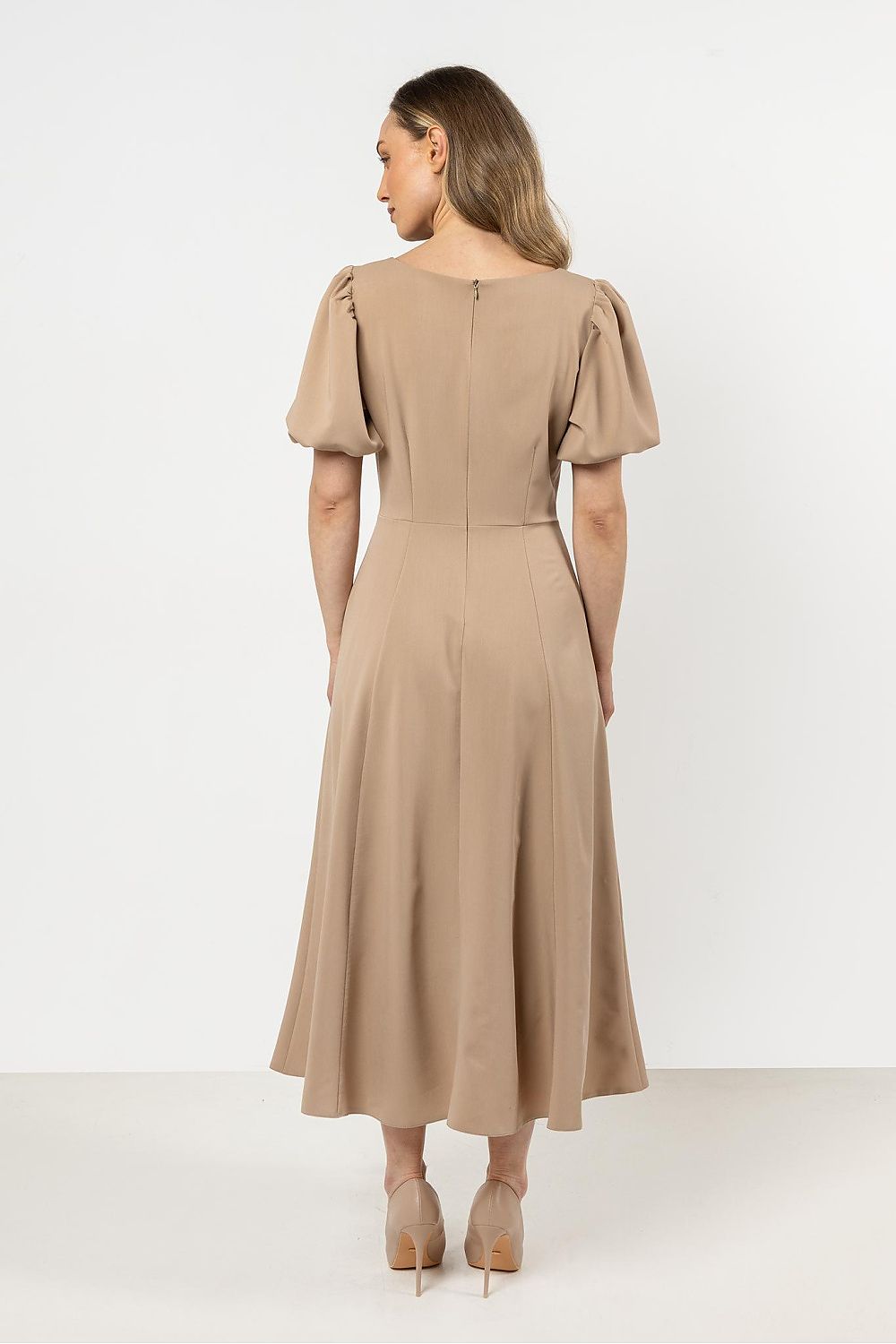 Short Sleeve Midi Dress – Deep Neck, Fit-and-Flare, Flared Skirt – Daydress | GUOCALI – view 11