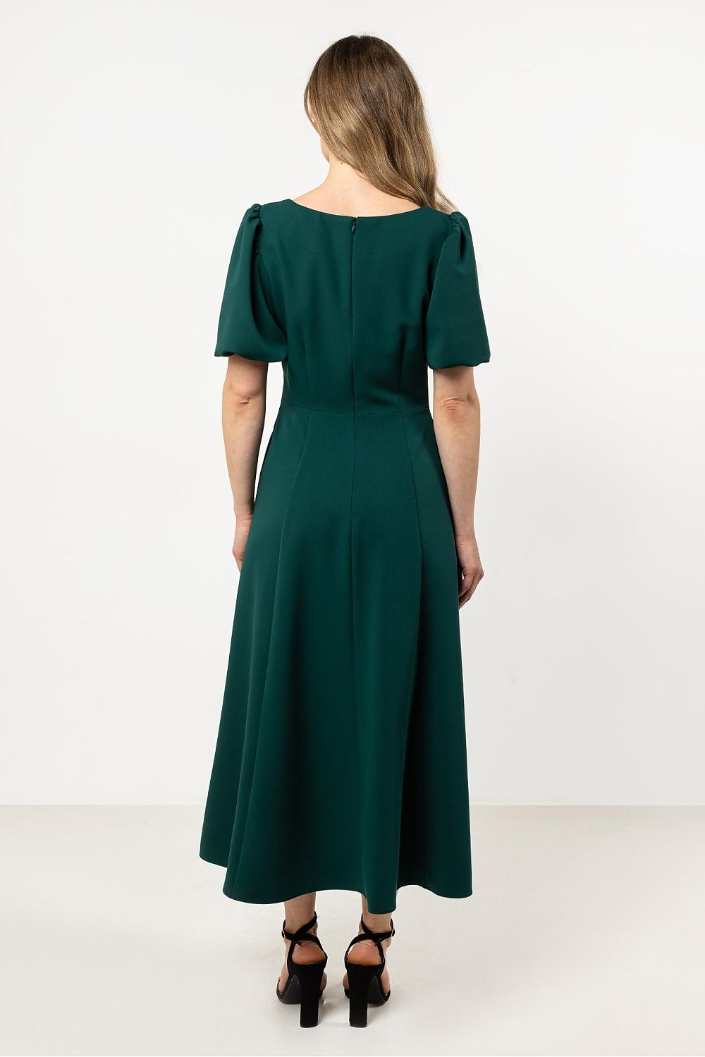 Short Sleeve Midi Dress – Deep Neck, Fit-and-Flare, Flared Skirt – Daydress | GUOCALI – view 3