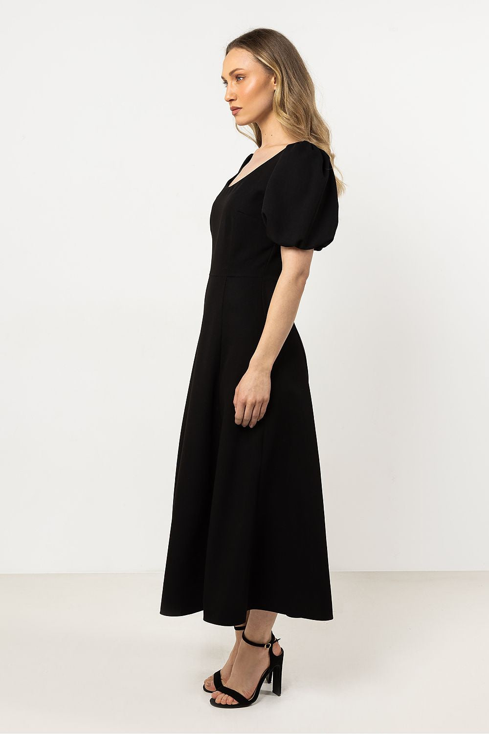 Short Sleeve Midi Dress – Deep Neck, Fit-and-Flare, Flared Skirt – Daydress | GUOCALI – view 8