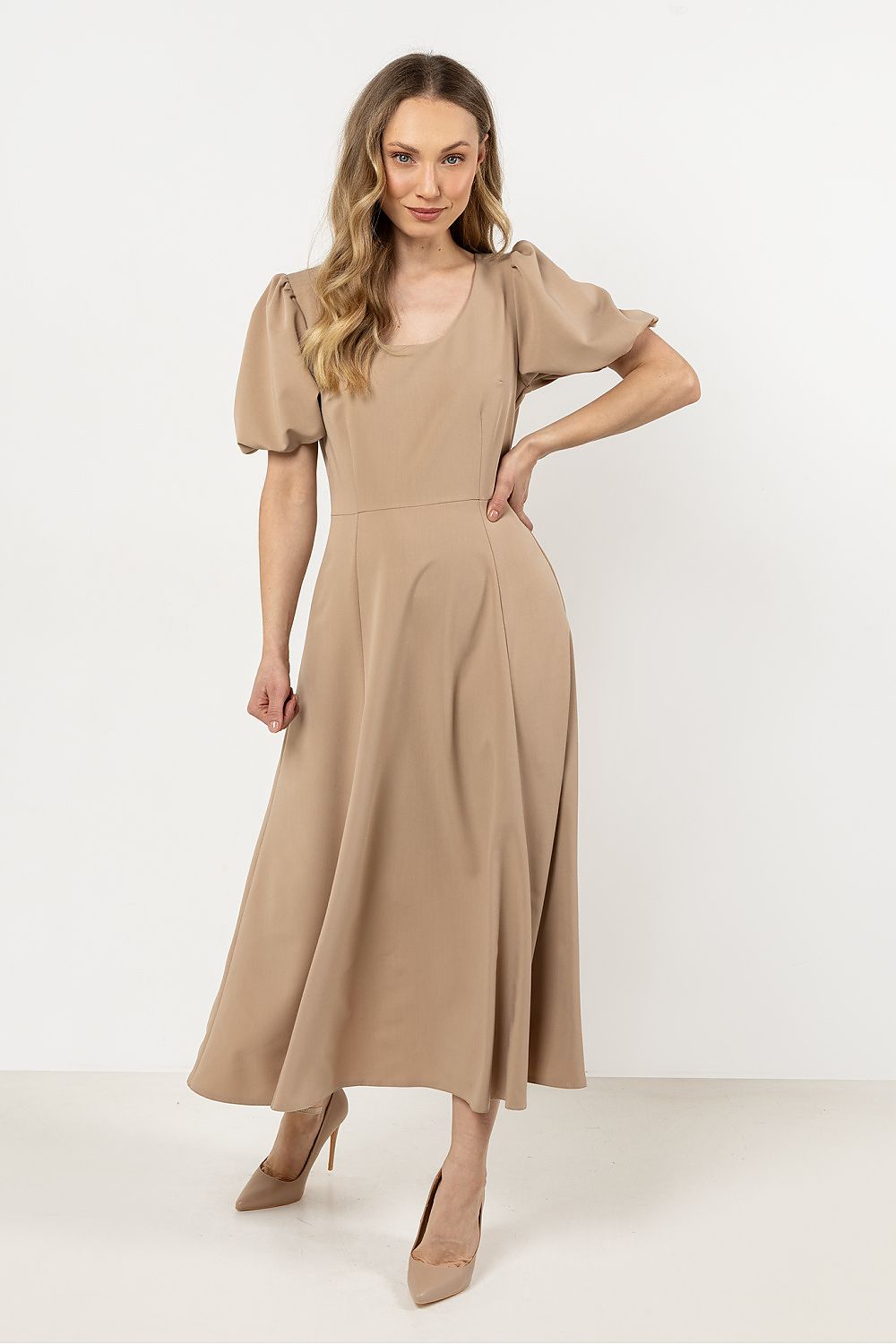 Short Sleeve Midi Dress – Deep Neck, Fit-and-Flare, Flared Skirt – Daydress | GUOCALI – view 9