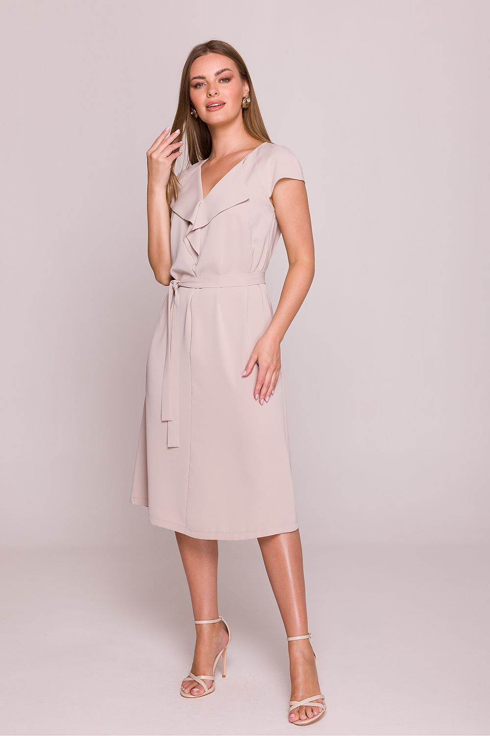 Short Sleeve Midi Dress – V-Neck, A-Line, Tie Waist – Daydress | GUOCALI – view 9