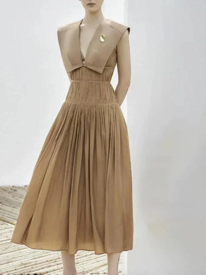 Sleeveless V-Neck Pleated Waistband Dress -Guocali