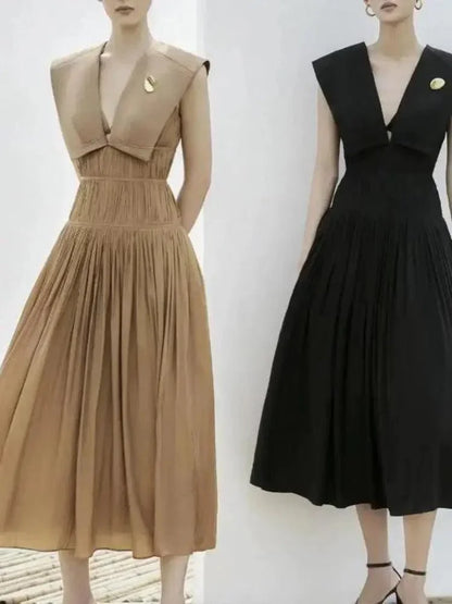 Sleeveless V-Neck Pleated Waistband Dress -Guocali