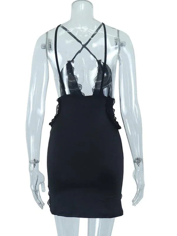 Sling Hollow Lace Splicing Hip Dress -Guocali