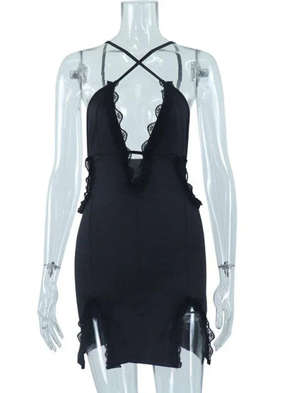 Sling Hollow Lace Splicing Hip Dress -Guocali