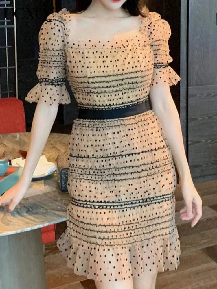 Square Neck Dot Print Party Dress -Guocali