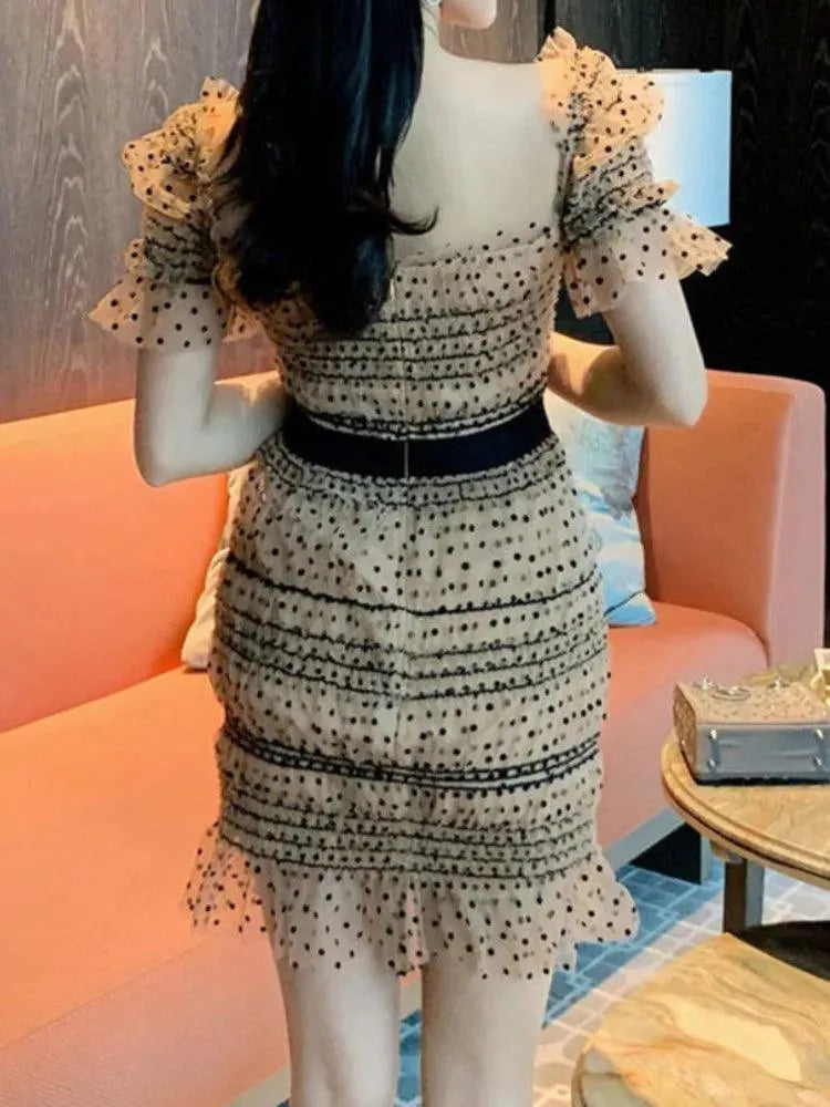 Square Neck Dot Print Party Dress -Guocali