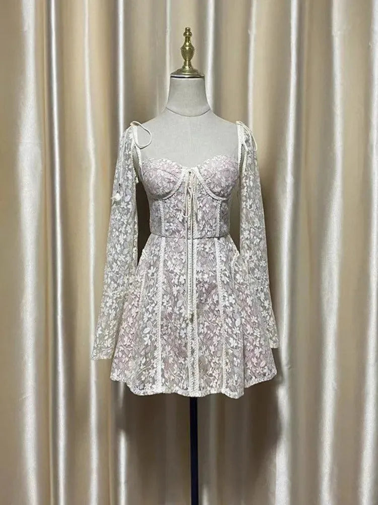 Strapless Sweetheart Lace Dress with Illusion Long Sleeves – Lace Dress | GUOCALI – view 5