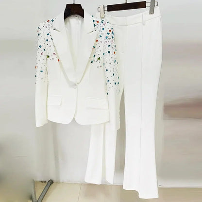 Strass Diamonds Beaded Blazer Pant Suit - Women Tuxedo Trouser Suit -Guocali