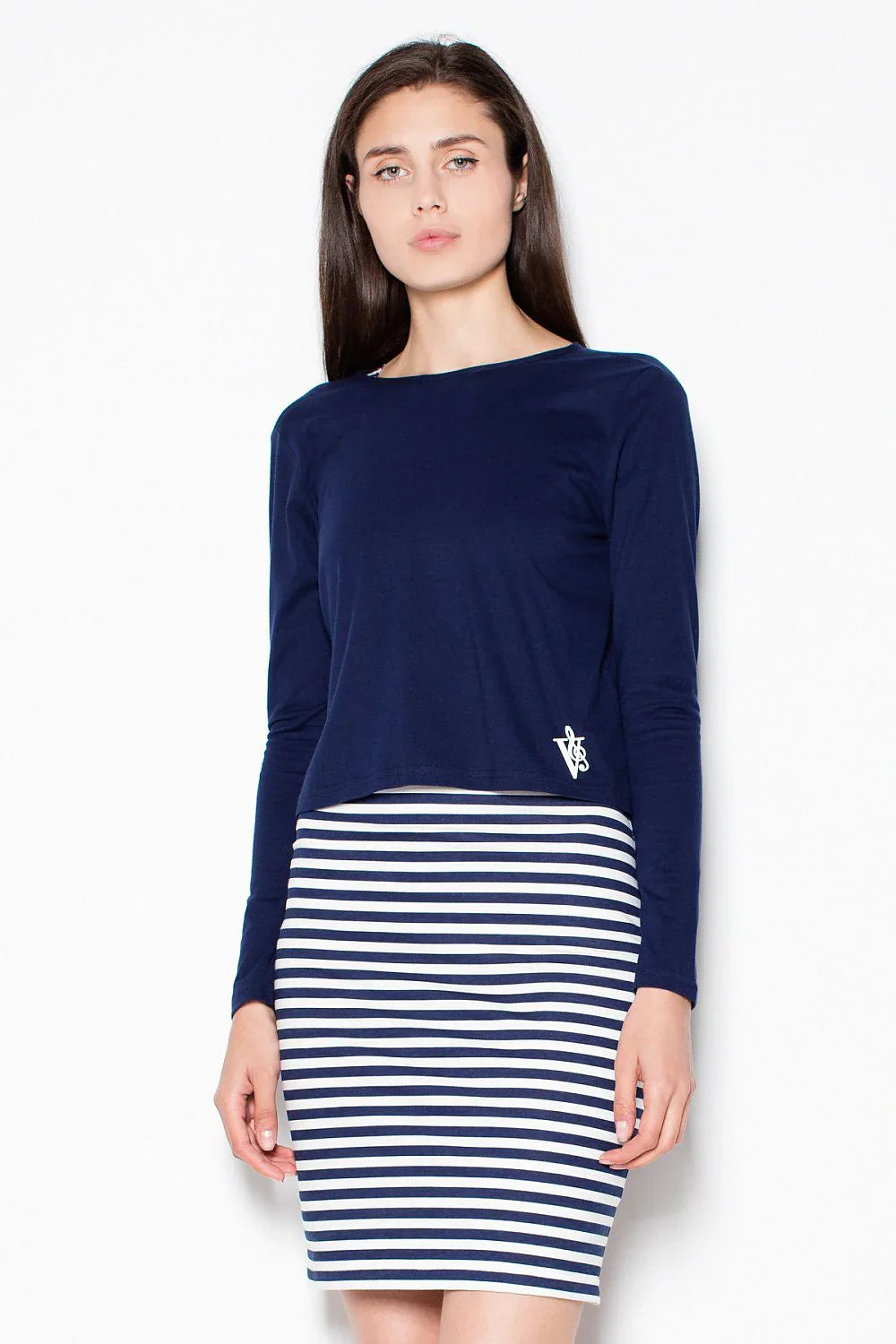 Striped Long Sleeve Dress Casual Navy Above Knee Fit-Day Dress-GUOCALI