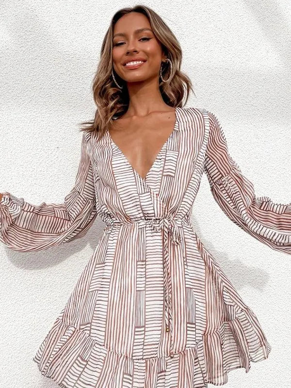 Striped V-Neck Waist Long-Sleeved Dress -Guocali