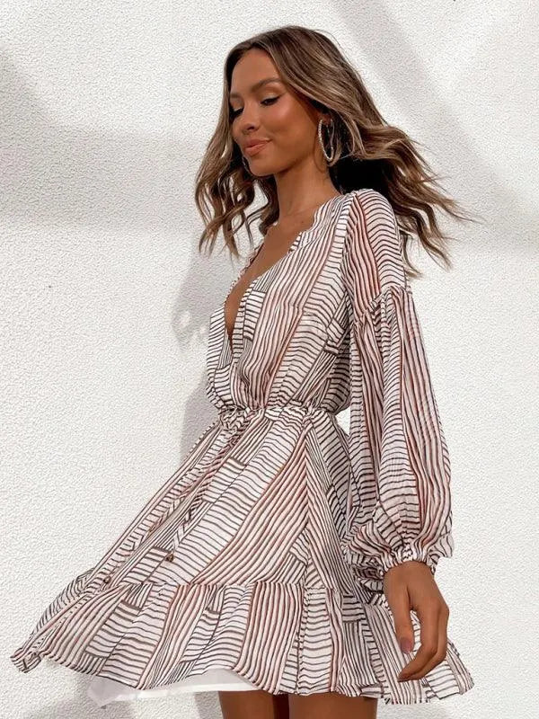 Striped V-Neck Waist Long-Sleeved Dress -Guocali