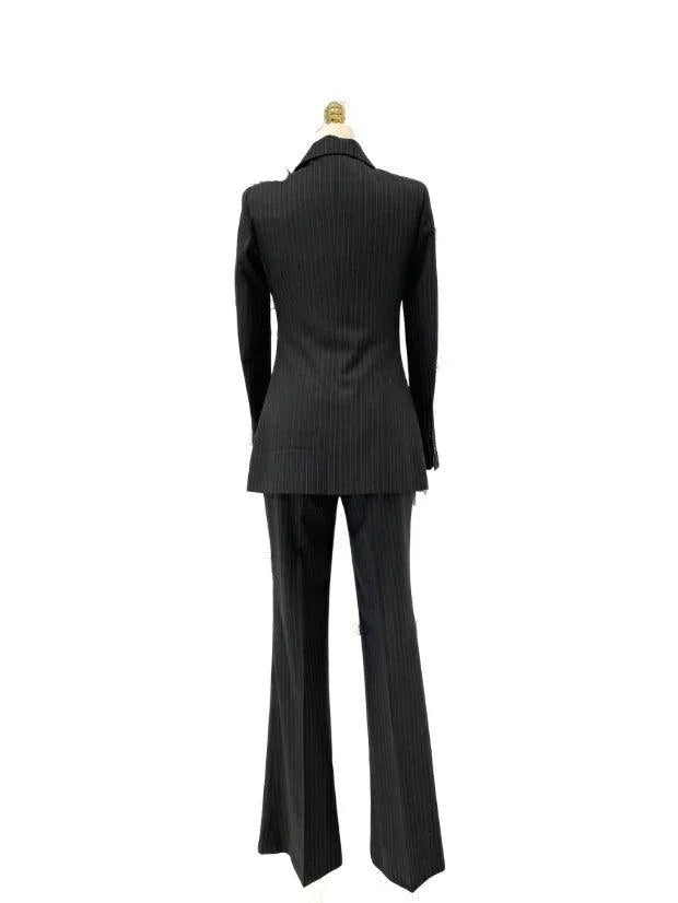 Striped Women Pant Suit - Grey Double Breasted Trouser Suit -Guocali