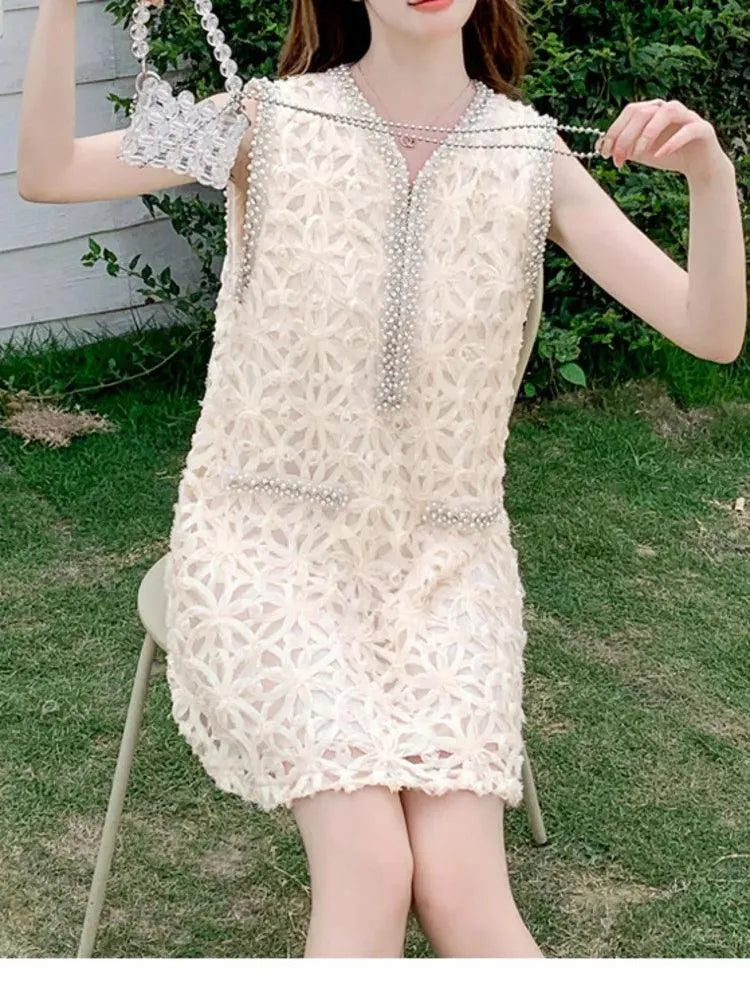 Studded Diamond V-Neck Lace Dress -Guocali