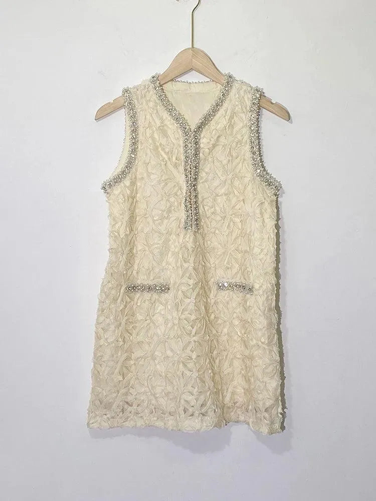 Studded Diamond V-Neck Lace Dress -Guocali
