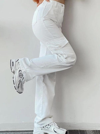 Casual Women Cargo Pants – Mid Rise Button Front