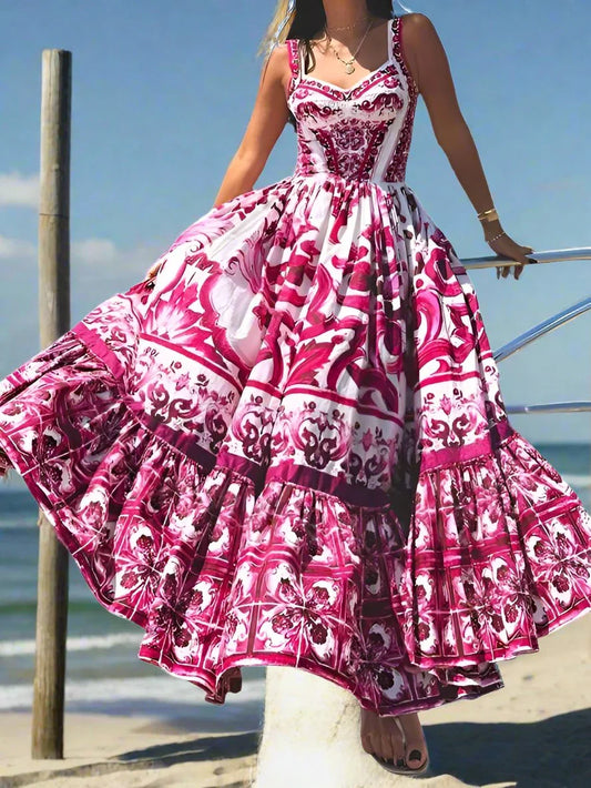 Stylish Printed Sleeveless Waist Swing Dress -Guocali