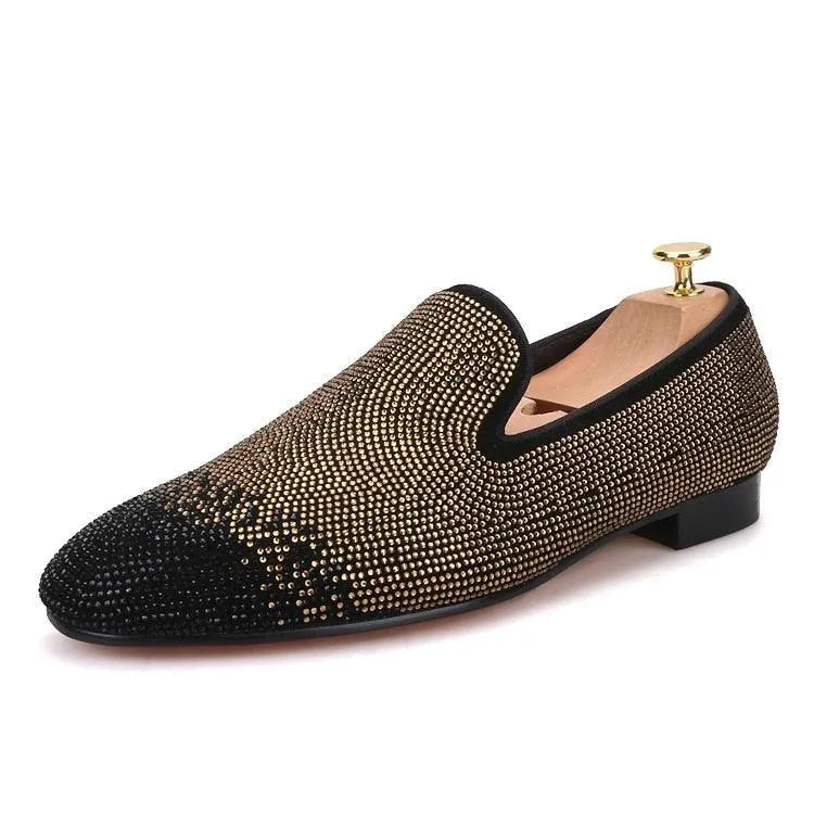 Suede Loafers with Rhinestones - Men Shoes -Guocali
