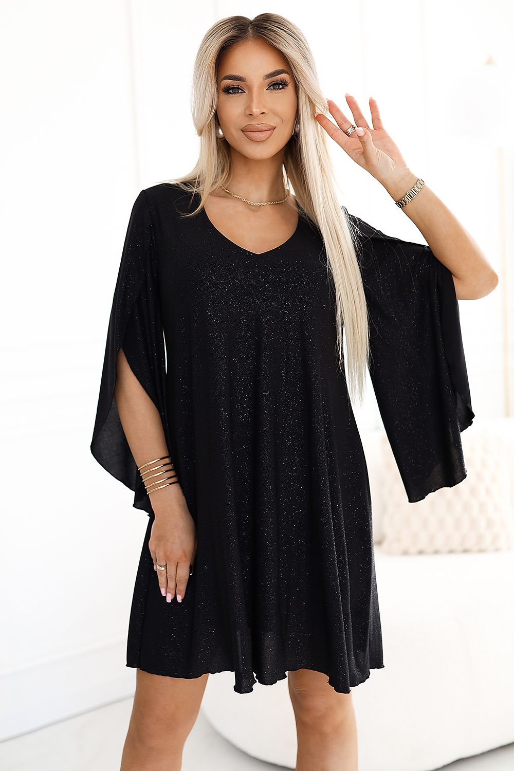 Textured V-Neck Flutter Sleeve A-Line Dress – Black – Daydress | GUOCALI