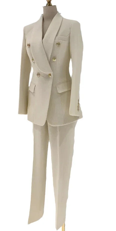 Elegant Women's Pant Suit - Solid Double-Breasted