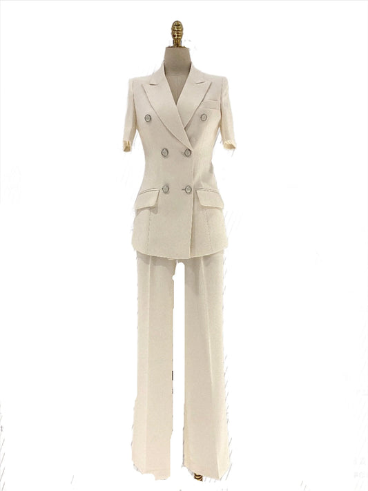 Thin Short Sleeved Women Pant Suit, Off-White, Black -Guocali
