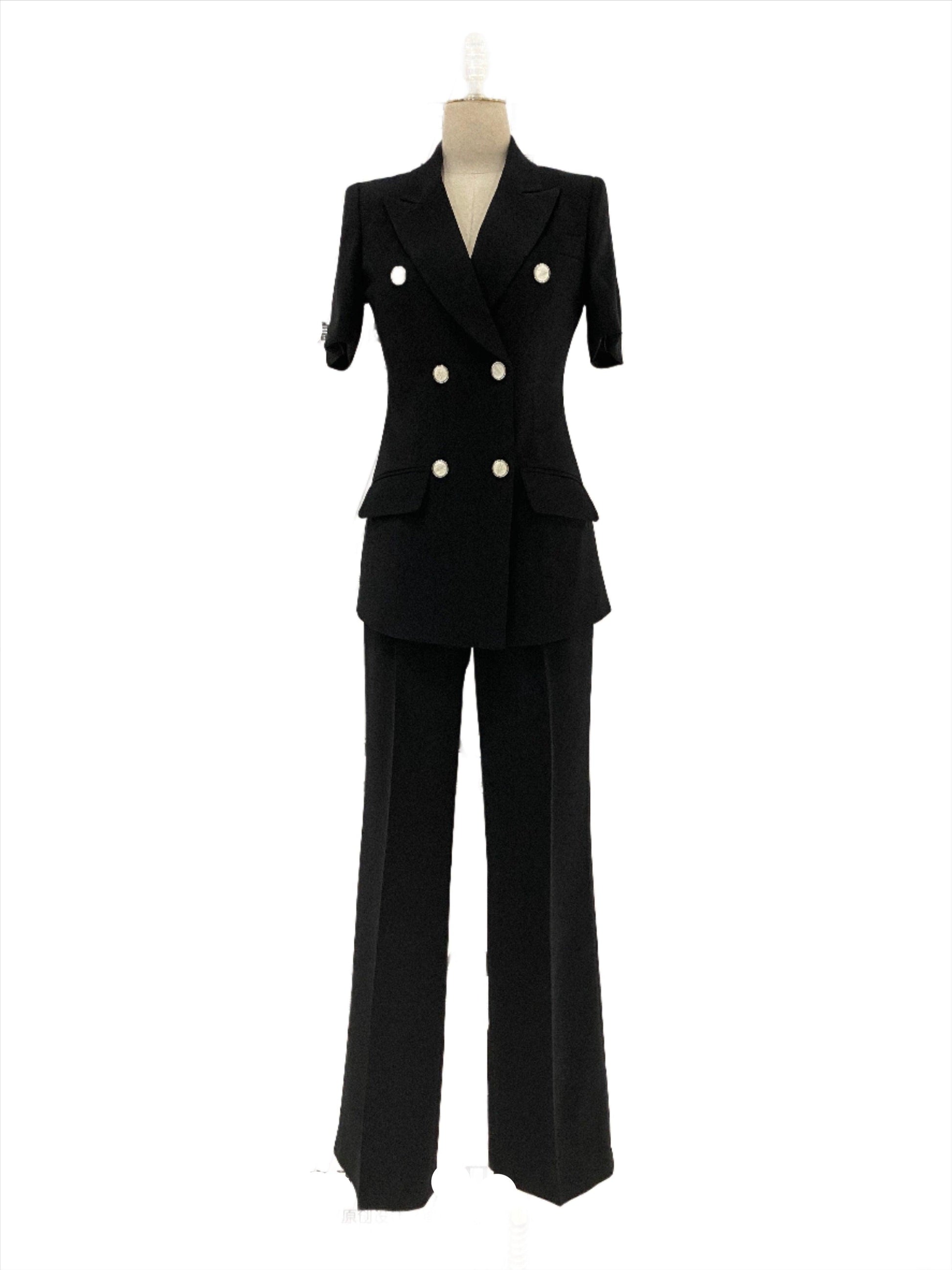 Thin Short Sleeved Women Pant Suit, Off-White, Black - Pantsuit - Guocali