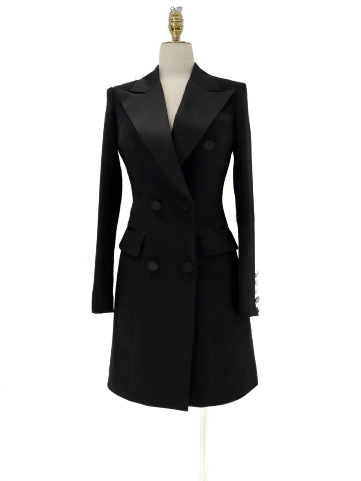 Tuxedo Blazer Dress – Satin Collar, Black – Blazer Dress | GUOCALI – view 2