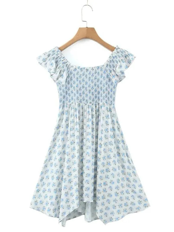V-Neck Blue Floral Pleated Dress -Guocali