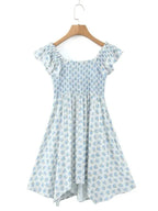 V-Neck Blue Floral Pleated Dress -Guocali