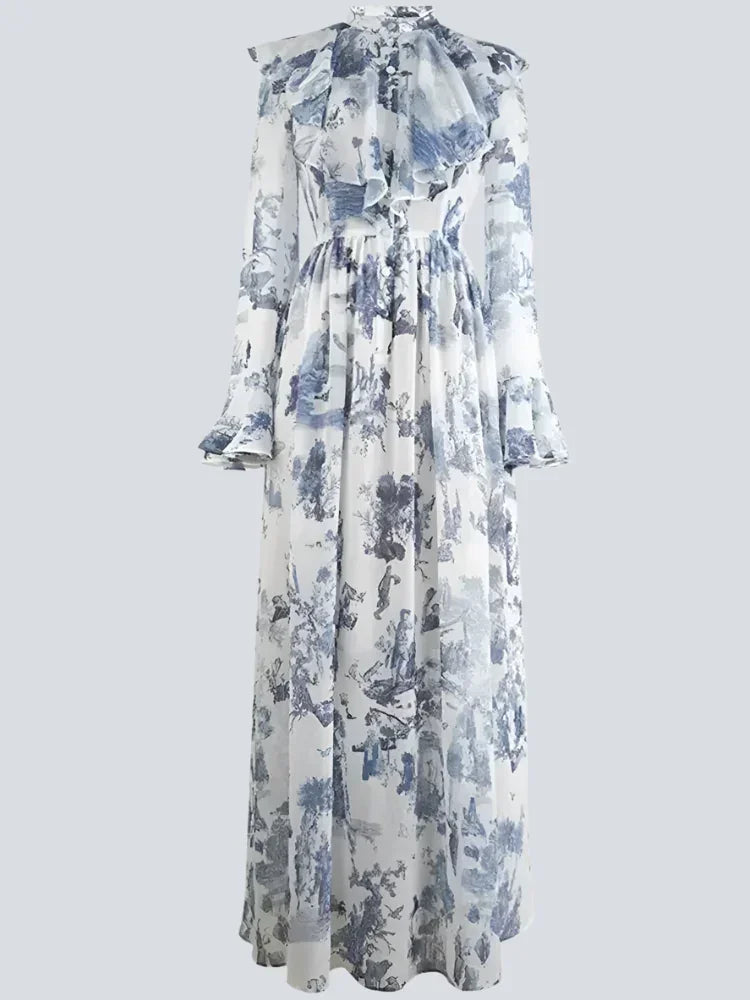 V-Neck Ink Print Vacation Pleated Dress -Guocali