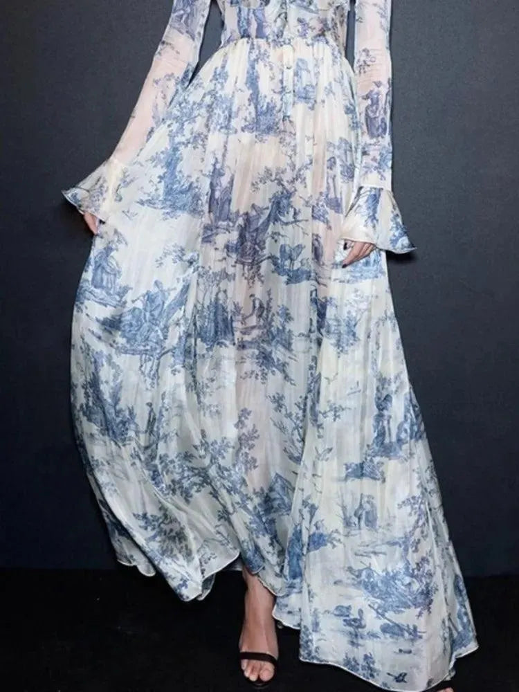 V-Neck Ink Print Vacation Pleated Dress -Guocali