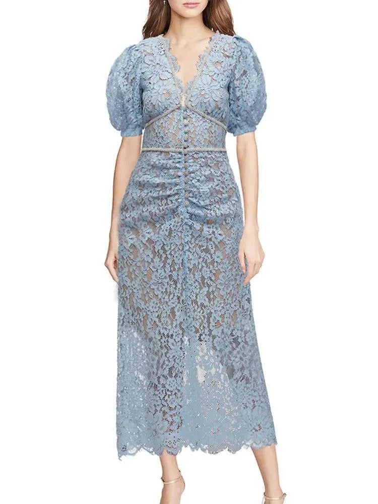 V-Neck Lace Beaded Dress -Guocali