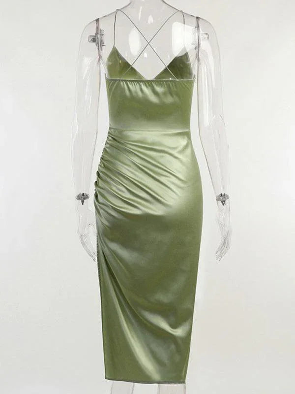 V-Neck Pleated Waist Slit Midi Dress -Guocali